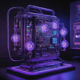 Create an image that captures the epitome of electropunk technology. A highly advanced device with glowing circuits, surges of electricity, plasma globes, neon lighting, and nodes discharging arcs of blue and purple energy.