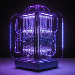 Create an image that captures the epitome of electropunk technology. A highly advanced device with glowing circuits, surges of electricity, plasma globes, neon lighting, and nodes discharging arcs of blue and purple energy.