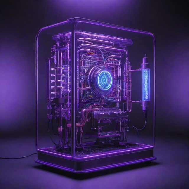 Create an image that captures the epitome of electropunk technology. A highly advanced device with glowing circuits, surges of electricity, plasma globes, neon lighting, and nodes discharging arcs of blue and purple energy.