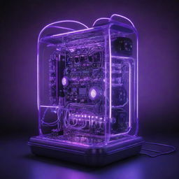 Create an image that captures the epitome of electropunk technology. A highly advanced device with glowing circuits, surges of electricity, plasma globes, neon lighting, and nodes discharging arcs of blue and purple energy.