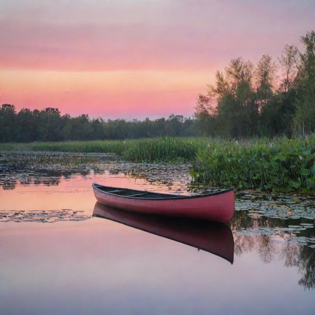 A tranquil dawn over a serene lake, with vibrant shades of orange and pink adorning the sky, reflected in the water's surface. A lonely canoe is seen amidst the water lilies.