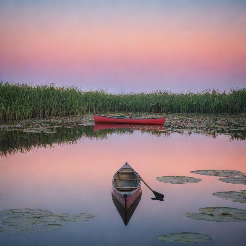 A tranquil dawn over a serene lake, with vibrant shades of orange and pink adorning the sky, reflected in the water's surface. A lonely canoe is seen amidst the water lilies.