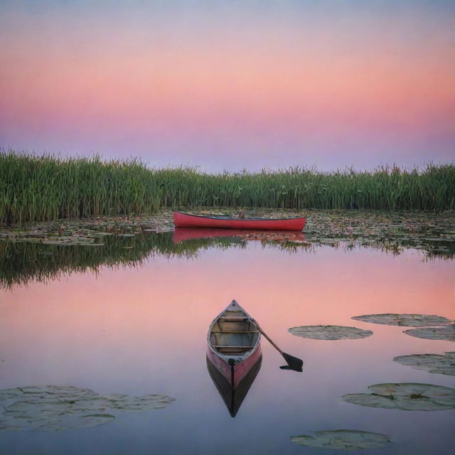 A tranquil dawn over a serene lake, with vibrant shades of orange and pink adorning the sky, reflected in the water's surface. A lonely canoe is seen amidst the water lilies.