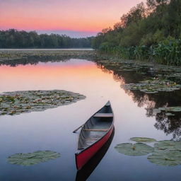 A tranquil dawn over a serene lake, with vibrant shades of orange and pink adorning the sky, reflected in the water's surface. A lonely canoe is seen amidst the water lilies.