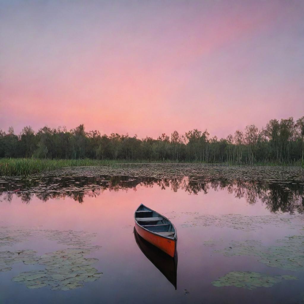 A tranquil dawn over a serene lake, with vibrant shades of orange and pink adorning the sky, reflected in the water's surface. A lonely canoe is seen amidst the water lilies.