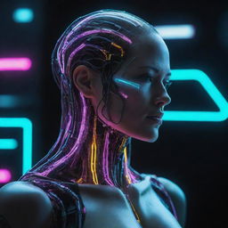 Create an image showcasing the apex of cyberpunk technology. A highly sophisticated cybernetic implant, interweaving organic and synthetic parts glowing with neon circuitry, presenting a visualization of the deeply interconnected and computerized nature of the future.