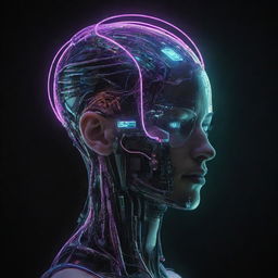 Create an image showcasing the apex of cyberpunk technology. A highly sophisticated cybernetic implant, interweaving organic and synthetic parts glowing with neon circuitry, presenting a visualization of the deeply interconnected and computerized nature of the future.