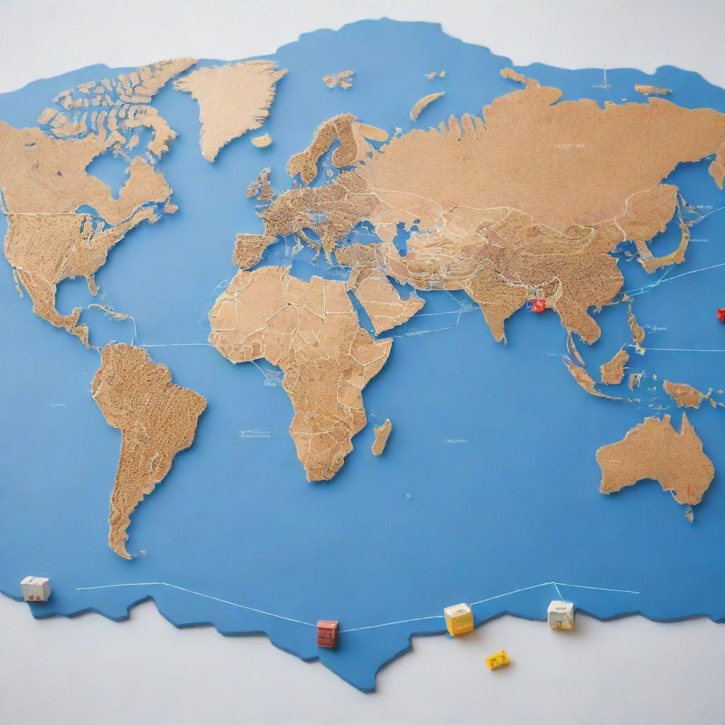 Visual representation of international trade policies with arrows connecting countries on a world map, each featuring different goods like wheat, electronics, and automobiles.