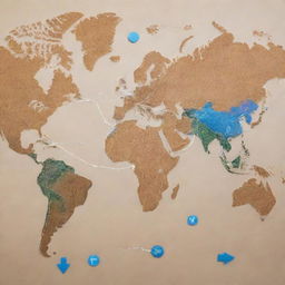 Visual representation of international trade policies with arrows connecting countries on a world map, each featuring different goods like wheat, electronics, and automobiles.