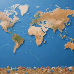 Visual representation of international trade policies with arrows connecting countries on a world map, each featuring different goods like wheat, electronics, and automobiles.