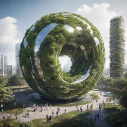 Visualise the most advanced technology in an ecopunk world. It's a large bio-engineered organism that acts as a recycling system, purifying air and water, producing energy from waste, and acting as a central hub for sustainable living.