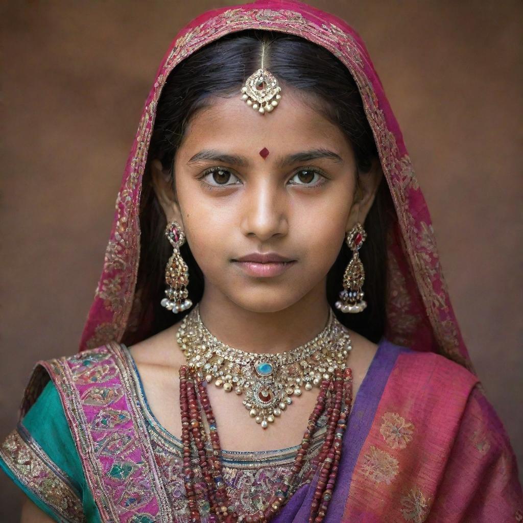 Portrait of a young Indian girl in traditional attire with stunning, intricate jewelry and colorful fabrics.