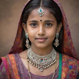 Portrait of a young Indian girl in traditional attire with stunning, intricate jewelry and colorful fabrics.