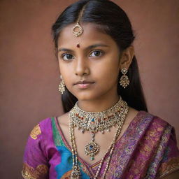 Portrait of a young Indian girl in traditional attire with stunning, intricate jewelry and colorful fabrics.