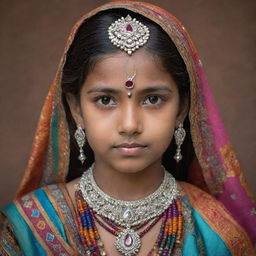 Portrait of a young Indian girl in traditional attire with stunning, intricate jewelry and colorful fabrics.