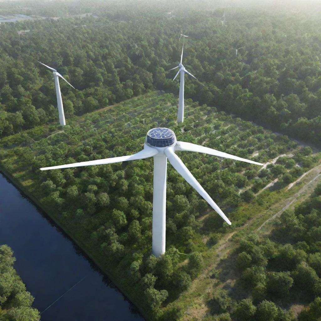 Provide an image representing the most advanced technology in a greenpunk world. A sophisticated eco-friendly machine capable of renewable energy production, like photovoltaic cells, wind turbines, and rainwater harvesters, all harmoniously integrated within a dense network of vegetation.