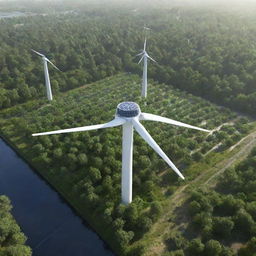 Provide an image representing the most advanced technology in a greenpunk world. A sophisticated eco-friendly machine capable of renewable energy production, like photovoltaic cells, wind turbines, and rainwater harvesters, all harmoniously integrated within a dense network of vegetation.