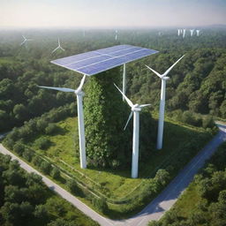 Provide an image representing the most advanced technology in a greenpunk world. A sophisticated eco-friendly machine capable of renewable energy production, like photovoltaic cells, wind turbines, and rainwater harvesters, all harmoniously integrated within a dense network of vegetation.