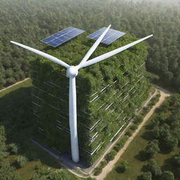 Provide an image representing the most advanced technology in a greenpunk world. A sophisticated eco-friendly machine capable of renewable energy production, like photovoltaic cells, wind turbines, and rainwater harvesters, all harmoniously integrated within a dense network of vegetation.