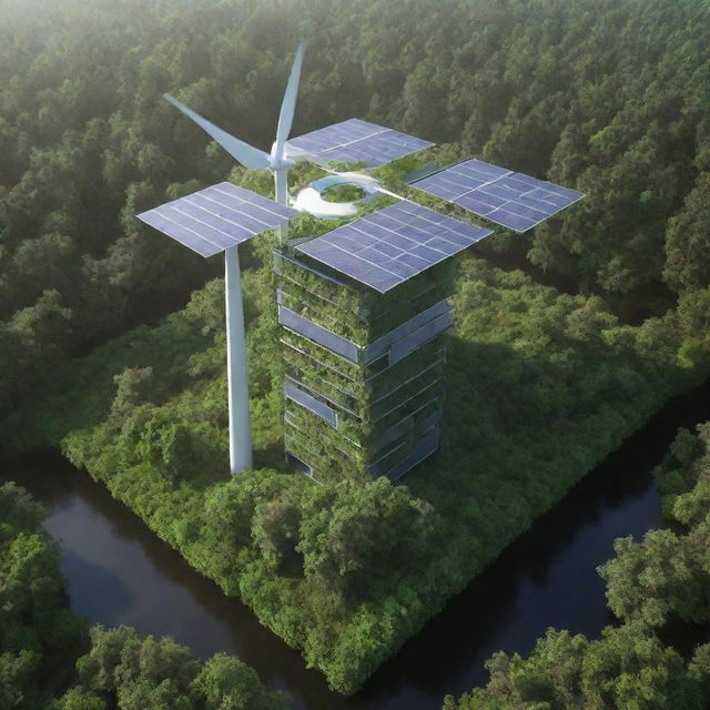 Provide an image representing the most advanced technology in a greenpunk world. A sophisticated eco-friendly machine capable of renewable energy production, like photovoltaic cells, wind turbines, and rainwater harvesters, all harmoniously integrated within a dense network of vegetation.