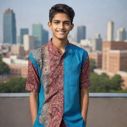 A vibrant and lively Indian teenager wearing contemporary attire, with traditional Indian motifs, against a backdrop of an urban landscape.