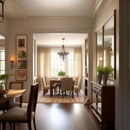 Generate an 10x10 beautiful and comfortable living space adjacently connected to an elegant 10x14 dining area.