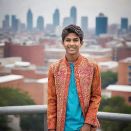 A vibrant and lively Indian teenager wearing contemporary attire, with traditional Indian motifs, against a backdrop of an urban landscape.