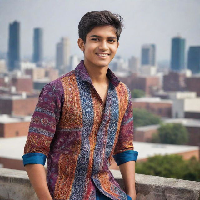 A vibrant and lively Indian teenager wearing contemporary attire, with traditional Indian motifs, against a backdrop of an urban landscape.