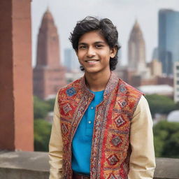 A vibrant and lively Indian teenager wearing contemporary attire, with traditional Indian motifs, against a backdrop of an urban landscape.