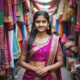 An Indian teenage girl wearing a fusion of modern and traditional Indian clothing, surrounded by colorful bazaar in the heart of India.