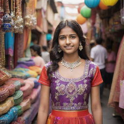 An Indian teenage girl wearing a fusion of modern and traditional Indian clothing, surrounded by colorful bazaar in the heart of India.