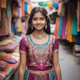 An Indian teenage girl wearing a fusion of modern and traditional Indian clothing, surrounded by colorful bazaar in the heart of India.