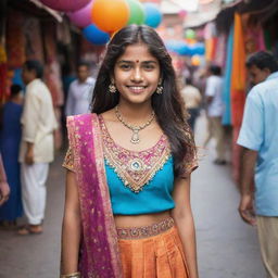 An Indian teenage girl wearing a fusion of modern and traditional Indian clothing, surrounded by colorful bazaar in the heart of India.