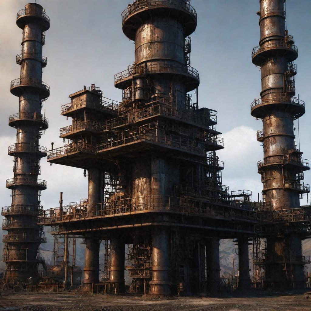 Create an image showcasing advanced oilpunk technology. Imagine a massive oil drilling apparatus, encrusted with rusted iron, thick pipes, and imposing pistons, all producing and supplying black gold in a gritty industrial landscape.