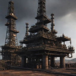 Create an image showcasing advanced oilpunk technology. Imagine a massive oil drilling apparatus, encrusted with rusted iron, thick pipes, and imposing pistons, all producing and supplying black gold in a gritty industrial landscape.