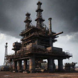 Create an image showcasing advanced oilpunk technology. Imagine a massive oil drilling apparatus, encrusted with rusted iron, thick pipes, and imposing pistons, all producing and supplying black gold in a gritty industrial landscape.