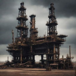 Create an image showcasing advanced oilpunk technology. Imagine a massive oil drilling apparatus, encrusted with rusted iron, thick pipes, and imposing pistons, all producing and supplying black gold in a gritty industrial landscape.