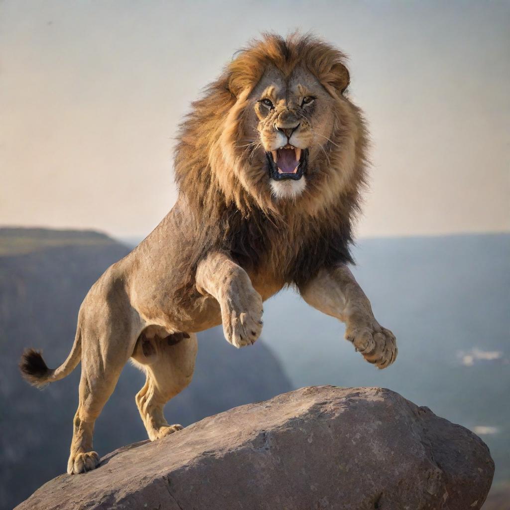A powerful and majestic lion mid-leap off a high cliff, his muscle and mane highlighted by the sun.