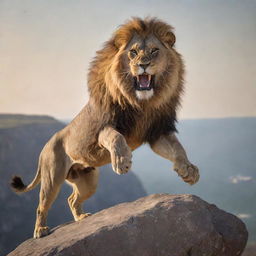 A powerful and majestic lion mid-leap off a high cliff, his muscle and mane highlighted by the sun.