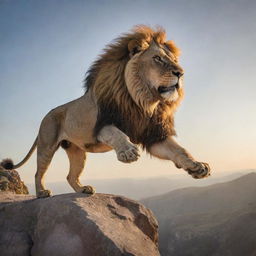 A powerful and majestic lion mid-leap off a high cliff, his muscle and mane highlighted by the sun.