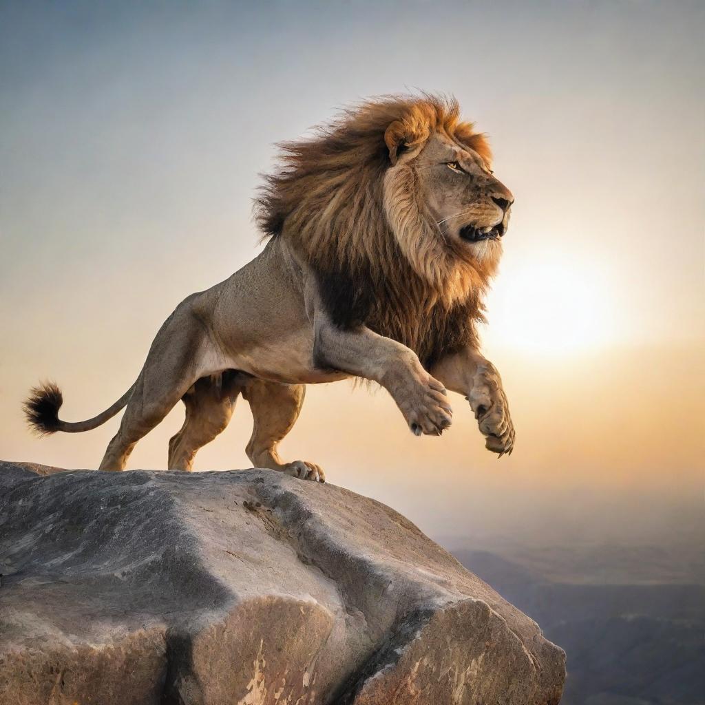 A powerful and majestic lion mid-leap off a high cliff, his muscle and mane highlighted by the sun.