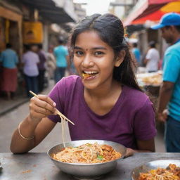 An Indian teenage girl in vibrant attire joyfully eating noodles with chopsticks in an ambient Indian street food market.