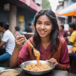 An Indian teenage girl in vibrant attire joyfully eating noodles with chopsticks in an ambient Indian street food market.