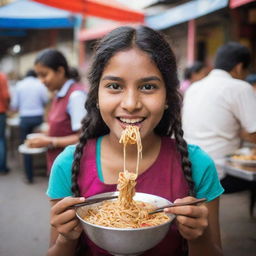 An Indian teenage girl in vibrant attire joyfully eating noodles with chopsticks in an ambient Indian street food market.