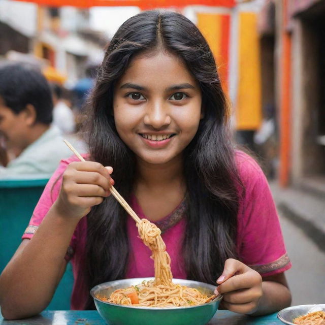 An Indian teenage girl in vibrant attire joyfully eating noodles with chopsticks in an ambient Indian street food market.