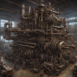 Illustrate the pinnacle of factorypunk technology. An imposing industrial machine, all gears, levers, and pistons; a sign of unrivaled efficiency and productivity. It could be a massive steam-powered assembly line, automated with primitive robotics.