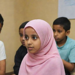 A little child named Karun, wearing a hijab, involved in an animated discussion