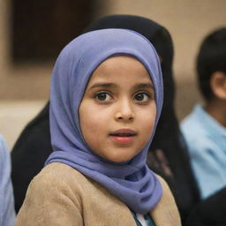 A little child named Karun, wearing a hijab, involved in an animated discussion