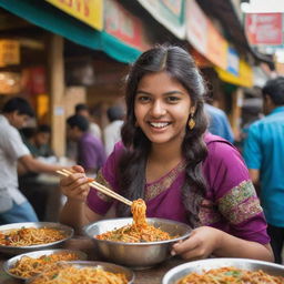 An Indian teenage girl in colorful traditional attire delightfully eating spicy street noodles with a uniquely Indian twist, surrounded by an atmospheric Indian bazaar filled with vibrant colors and spices.