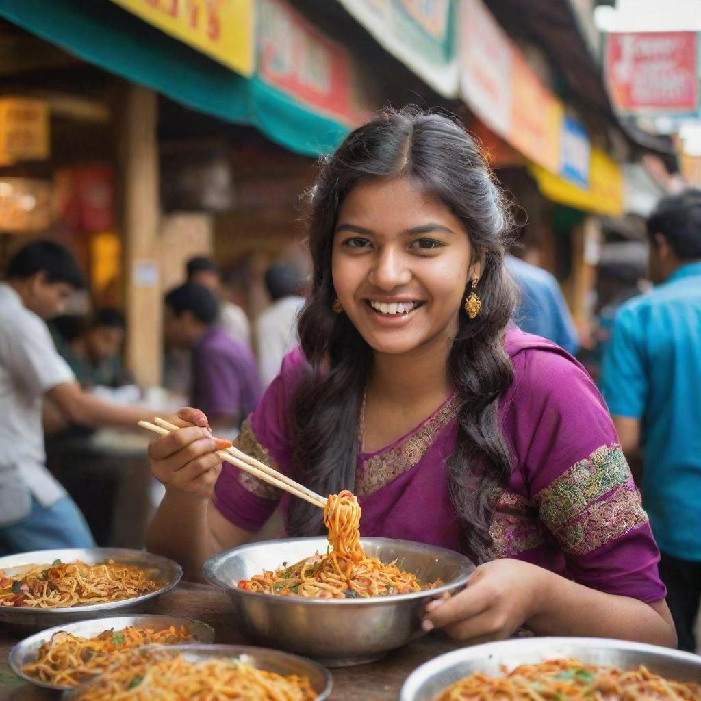 An Indian teenage girl in colorful traditional attire delightfully eating spicy street noodles with a uniquely Indian twist, surrounded by an atmospheric Indian bazaar filled with vibrant colors and spices.